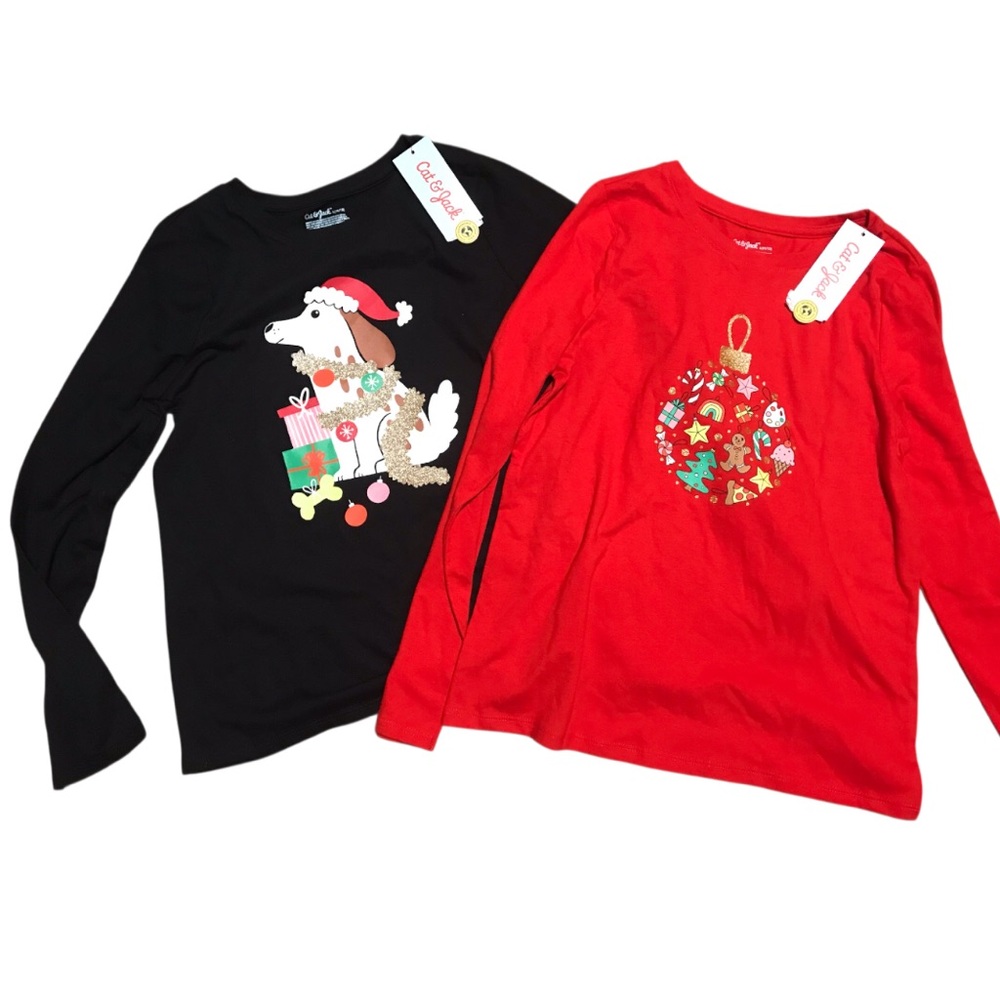 Cat & Jack Long sleeve Black and Red Girls Holiday Christmas Shirts size Large